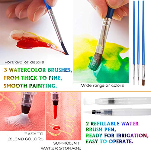 RATEL Aquarellfarben-Set, Aquarellkasten -- 48 feste Farbpigmente + 1 hochwertiger Pinsel + 20 Blätter + 2 Aquarellstifte, wasserlösliches und leicht zu mischendes Aquarellfarben-Set – Bild 7