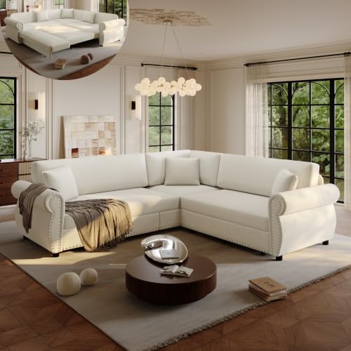 Image of KEIKI 88.2 inch Chesterfield Sleeper Sofa, Chenille Sectional Couch, Beige