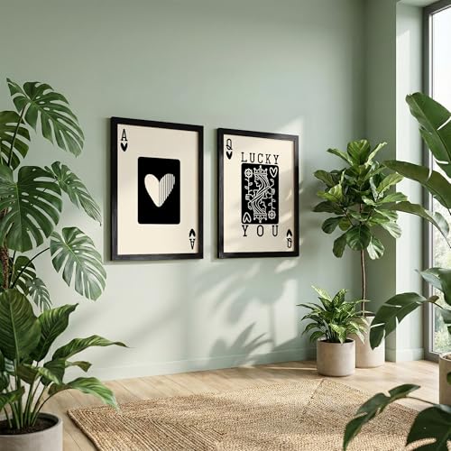 Image of NoWorries Typography Playing Cards Wall Art Framed Painting | Lucky Ace and Queen Heart Card Art Prints | Minimal Black & White Aesthetic Wall Decor | Premium 300 GSM Paper Print with Synthetic Wooden Frame | Modern Wall Art for Living Room, Bedroom & Office (Set of 2) (BLACK, ART-5, 10X13INCHES)