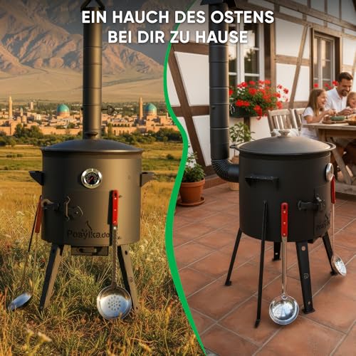 Utschak Feuerofen mit Thermometer Gusseisen Topf Kazan runder Boden mit Deckel (12 L) Schaumlöffel 48 cm Schöpfkelle 48 KazanoFF, Учаг, Feuerschale, Camping, Kazan, Gulaschkanone Dutch Oven (Set 3)-6