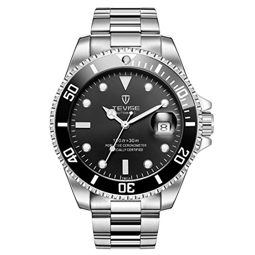 Mens Relojes, TEVISE T801 mecánicos Relojes Hombres, Relojes Luminosos de Pulsera para Hombres a la Venta, Reloj Impermeable Vestido automático con Banda de Acero (Black Dial)