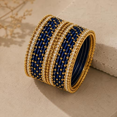 Image of NMII Non-Precious Metal with Base Metal and Zircon Gemstone Studded Ball Chain Linked Glossy Finished Silk thread Bangle set for Women and Girls