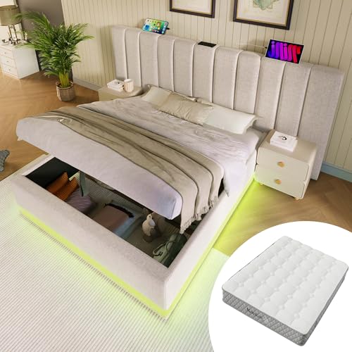 Cama tapizada para cama doble, 180 x 200 cm, espacio de almacenamiento, con función de carga, estructura de cama con somier de láminas de lino beis, sin mesita de noche (con colchón)