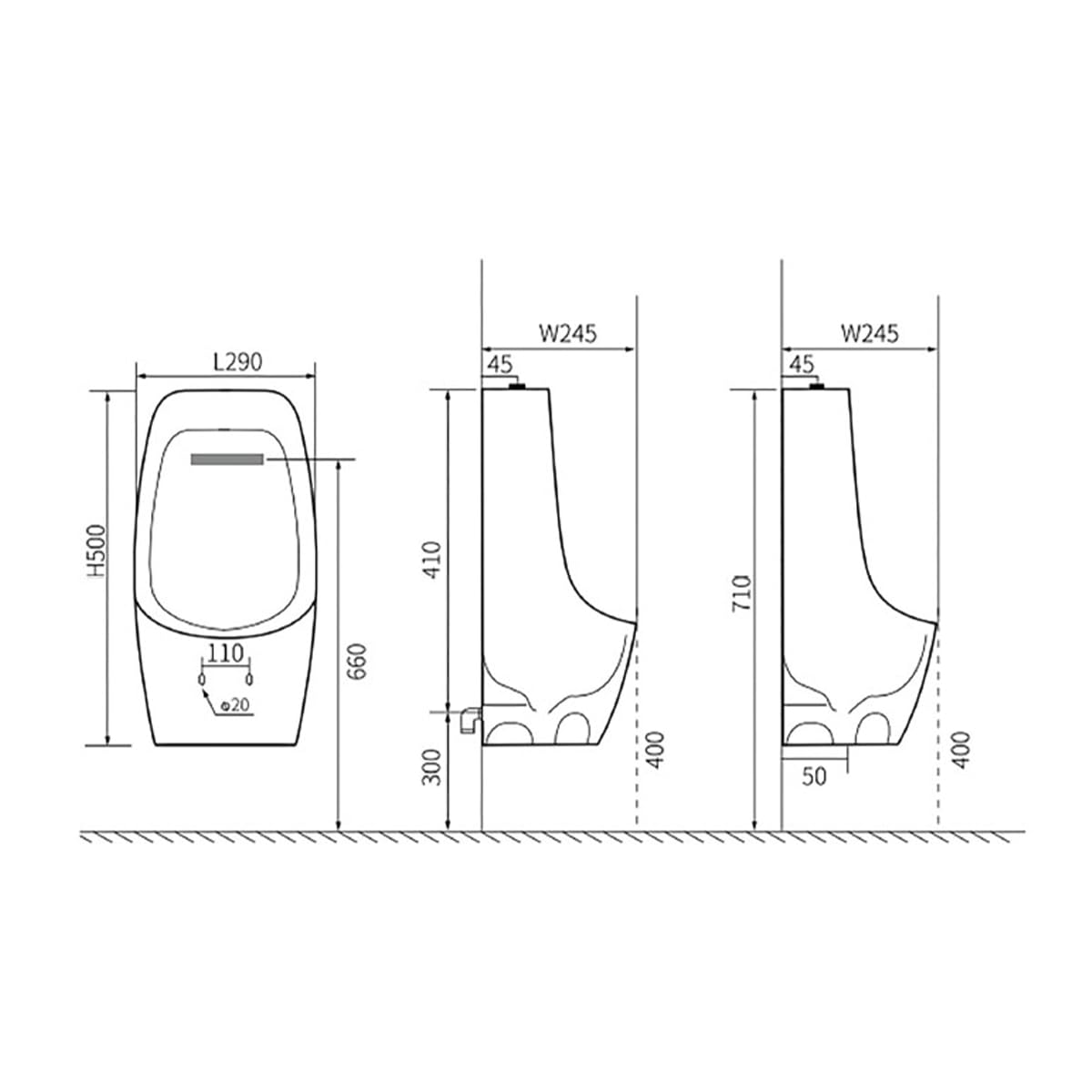 Belvit Orinatoio in ceramica, montaggio a parete, ingresso superiore, moderno Pissoir, compatibile con lavavetri a pressione a incasso e a parete, per sanitari di facile manutenzione, 29 x 50 x 24,5