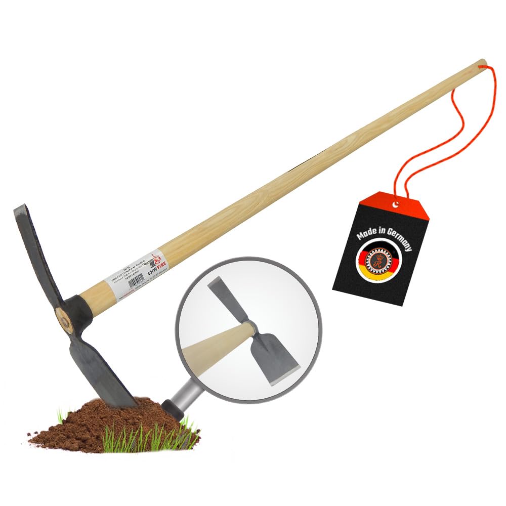 SHW-FIRE | Hochwertig geschmiedete Doppelhacke, breites und schmales Blatt, robuster 135 cm Eschenholzstiel, ideal für Graben, Umpflanzen & Beetpflege | Made in Germany