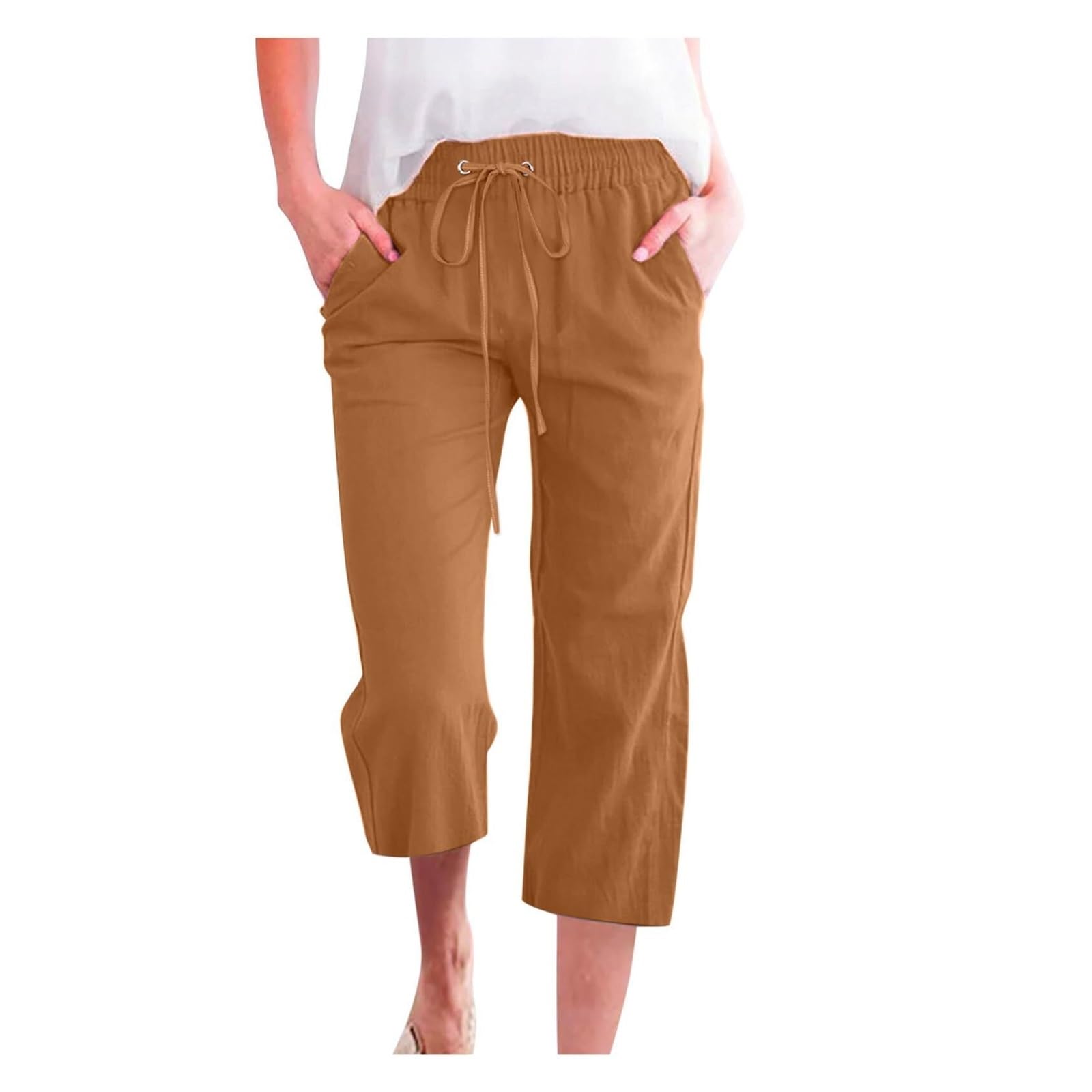 Capri Pants for Women Casual 2024 Summer Drawstring Elastic High Waist Linen Pants Straight Wide Leg Capris Cropped Trouser, Women Pants Casual(D03-coffee,Medium) Medium D03-coffee