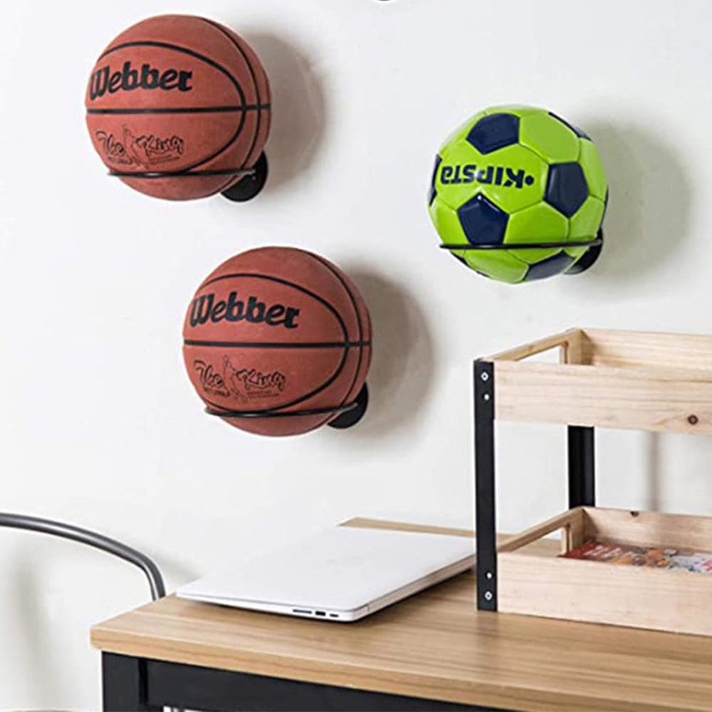 3 Supporti Da Parete In Metallo Per Palloni - Porta Palloni Da Calcio, Basket, Rugby - Staffe Nere Con Viti, Risparmia Spazio
