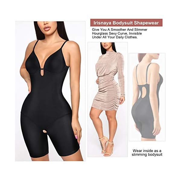 Irisnaya Women Shapewear Bodysuit Tummy Control Body Shaper Spaghetti Strap Bra Top Bodycon Romper Butt lifter Short Jumpsuit (X-Large, Black)