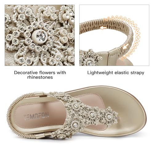 Image of TEMOFON Sandals for Women Flat Dressy Summer Flower Sandals with Ankle Strap Comfortable Casual Walking Flat Sandals Size 5-11