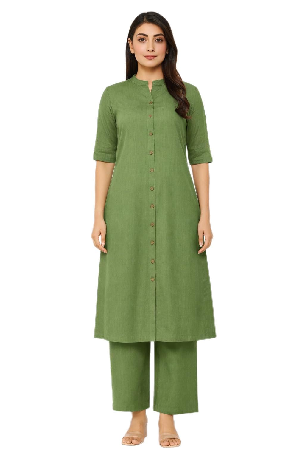 Women's Cotton Straight Kurti with Wide Leg Pants, Elbow Sleeve, Mandarin Collar, Multicolour (IN, Alpha, L, Regular, Green)-image-18