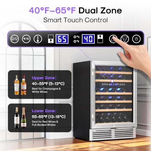 Image of ICEPURE 24 Inch Dual Zone Wine Fridge with 51 Bottle,40-65F Touch Control | Built-In or Freestanding, Under Counter Wine Cooler Refrigerator with Glass Door, Adjustable Shelves for Home Bar Kitchen