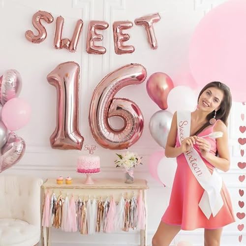 Image of Rose Gold Pink Sweet 16 Party Balloons Decorations - 40inch Number 16 Balloons Happy 16th Birthday Sweet Sixteen Party Decorations for Girls Anniversary Events Supplies