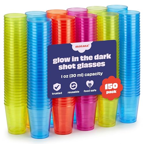 MATANA 150 Bunte Shotgläser Plastik, Schnapsgläser (3cl) - Neon Becher Schwarzlicht - Schnapsbecher, Plastik Pinnchen, Schnaps Becher, Shotbecher - Party Zubehör - Stabil & Mehrweg