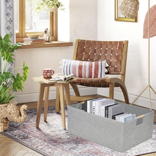 Image of Collapsible Storage Box for Women - Foldable Home Organizer 16.9x12.5x7Inches with Wooden Handles | Closet, Bathroom & Kids Room Storage | Heavy-Duty Linen Fabric 2Pack