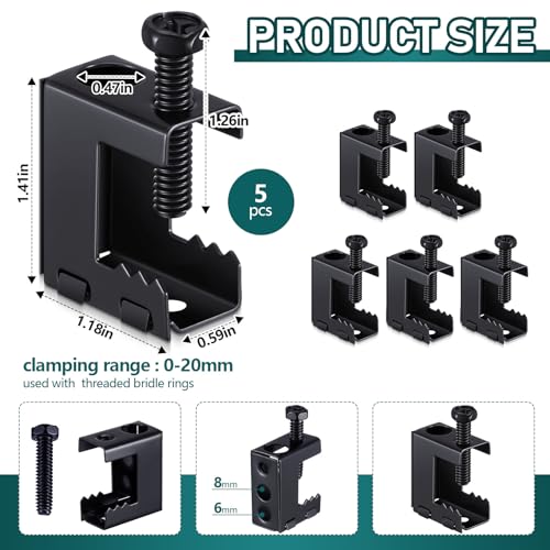 Image of Tandefio 5 Pcs 1 /4 inch-20 Spring Steel Beam Clamps Metal Beam Hangers Bolt on Clamp for Installation on Beams 1 /4 inch and 3 /8 inch Threaded Rod, S Hooks Bridle Rings for Pipe Cable Woodworking Tool (Black)