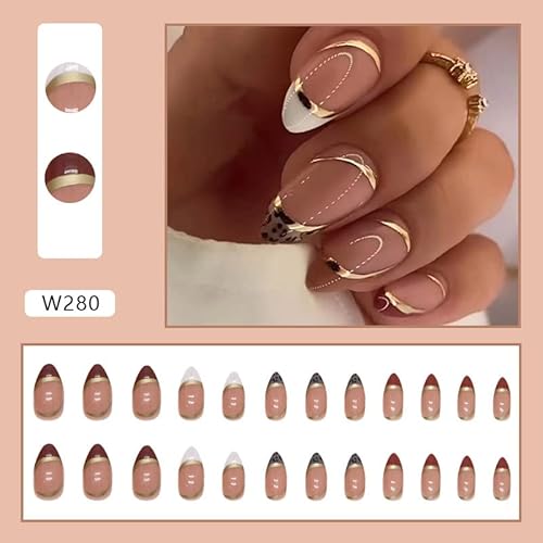 Almond Press On Nails Medium Fake Nails French Tips Glue On Nails, Long Stiletto False Nails Design With Golden Stripes Leopard Print Acrylic Nails Full Cover Cute Static Nails For Women&Girls 24Pcs #TOP1