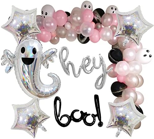 HPWF Halloween Boo Balloon Garland Kit, White Grey Pink Latex Balloons, Star Hey Bool Spooky Ghost Foil Balloons for Halloween Baby Shower Birthday, Haunted House Decorating, Indoor Outdoor Decoration