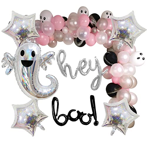 Hpwf Halloween Boo Balloon Garland Kit, White Grey Pink Latex Balloons, Star Hey Bool Spooky Ghost Foil Balloons For Halloween Baby Shower Birthday, Haunted House Decorating, Indoor Outdoor Decoration #TOP2