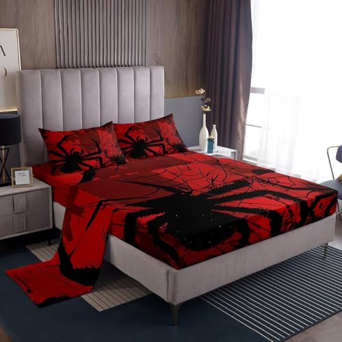 jejeloiu Spiders Fitted Sheet Twin Size Kids Scary Spider Pattern Bedding Set for Boys Girls Teens Red Bed Sheets Set Breathable Soft Lightweight