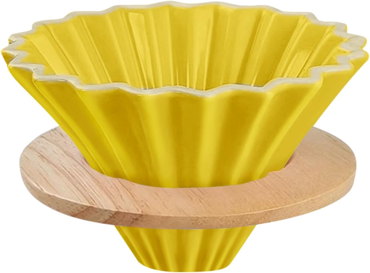 Ceramic Coffee Dripper with Wood Cup Stand Pour Over Coffee Maker Elegant Flower-shape V60 Strainer for 1-2 Cups Slow Brewing Accessories for Home Coffee Shops Restaurants Yellow