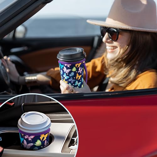Image of KJQJLY 3 Pack Reusable Iced Coffee Sleeves for Iced Coffee Cups or Drinks Reusable Neoprene Insulated Sleeves for Hot and Cold Drinks from Starbucks, Dunkin, And More (Dark butterfly)