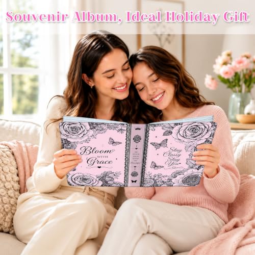 Image of Photo Album 4x6 120 Pockets Pink Lace Rose Butterfly