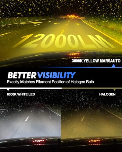 Image of Marsauto H16 H8 Led Fog Light Bulb Yellow 12,000LM, 1:1 Size H11 Yellow Fog Lights, Real 360 Illumination 3000K Amber Strong Penetration, Upgraded LED Chips H11 H8 Fog Bulb, Tail Light Covers