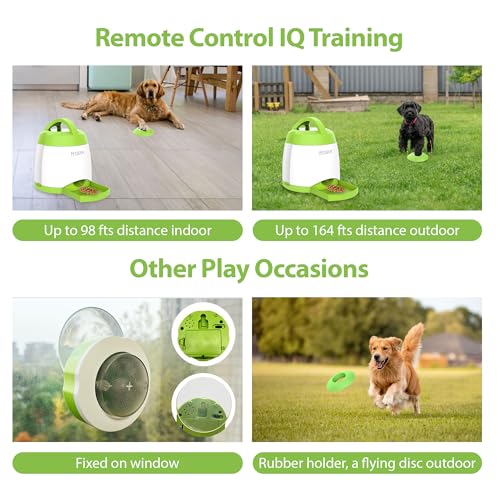 PETGEEK Dog Food Dispenser Toy, Interactive Pet Toys Treat Dispensing for IQ Training, Automatic Dog Treat Dispenser with Button Remote Push, Dual Power Supply for Indoor Outdoor Use, Green Color