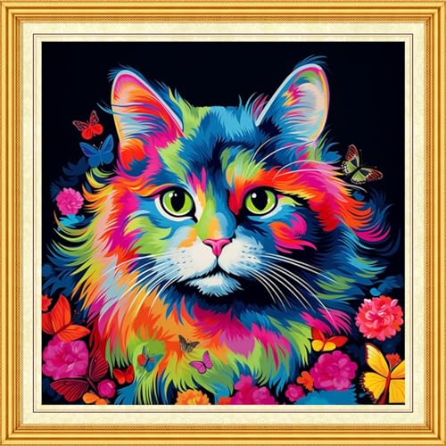 Image of DMCVIVR Stamped Cross Stitch Kits for Beginners Adults Needlepoint Kits for Beginners Embroidery Kits for Adults Crossstitch Kit for Beginners 11CT-Colorful Cat 18x18 inch, ArtKits09