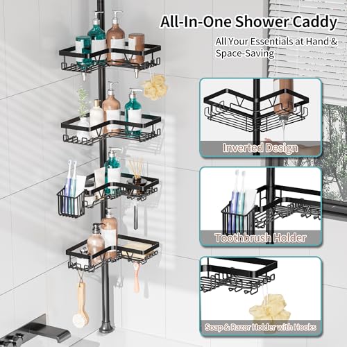 Image of KEGII Corner Shower Caddy Tension Pole with Toothbrush Holder | Adjustable Shower Organizer with Soap Holder and Hooks, No Drilling Rustproof Bathroom Shelf Storage Rack, Fits 25-114.2 Inch