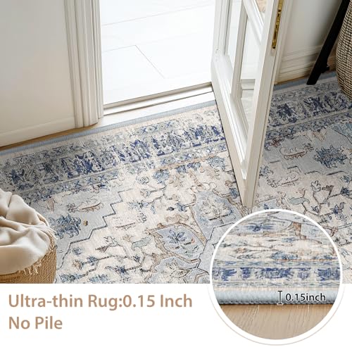 Image of BESTSWEETIE Washable Boho 2x8 Runner Rug, No Pile, Living Room, Beige Blue