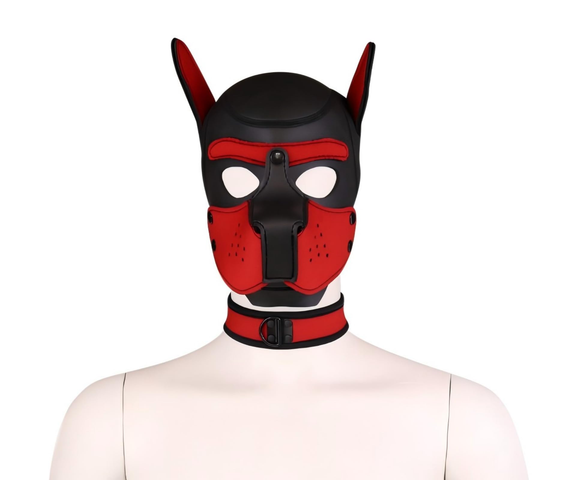 Neoprene Dog Head Mask, Red and Black, Cosplay Costume Accessory with Collar, Halloween Party Roleplay — image 1