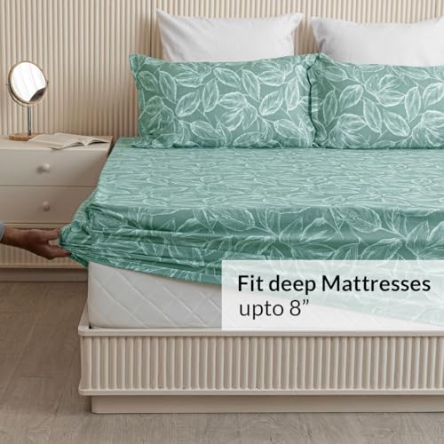 Image of HOMEMONDE All Around Elastic Fitted Bedsheet 72 x 36 Inch Cotton 210 TC Printed Wrinkle Free Single Bed Bedsheets with 1 Pillow Cover, Perfect for Home Decor & Gifting - Aqua Blue