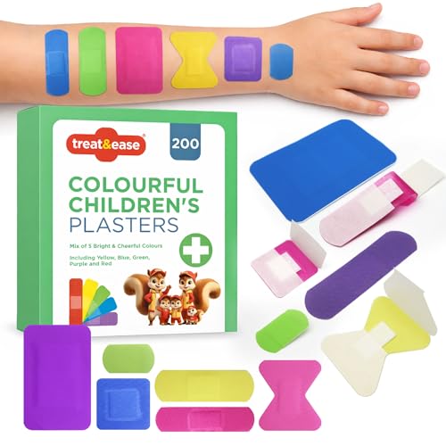 SOL 200pk Colourful Childrens Plasters - Fun Bright Coloured Kids Plasters for Boys Girls Toddlers and Babies - Washproof Assorted in Various Shapes and Sizes - Ideal for Kids First Aid Kits