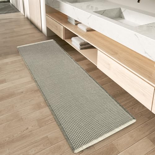 AMOAMI Upgraded Waffle Runner Rug Super Absorbent Non Slip Bath Mats for Bathroom Machine Washable Bathroom Runner Rug with Tassels, Ideal for Hallway Bedroom Laundry Room, 17" x 60, Green & Cream