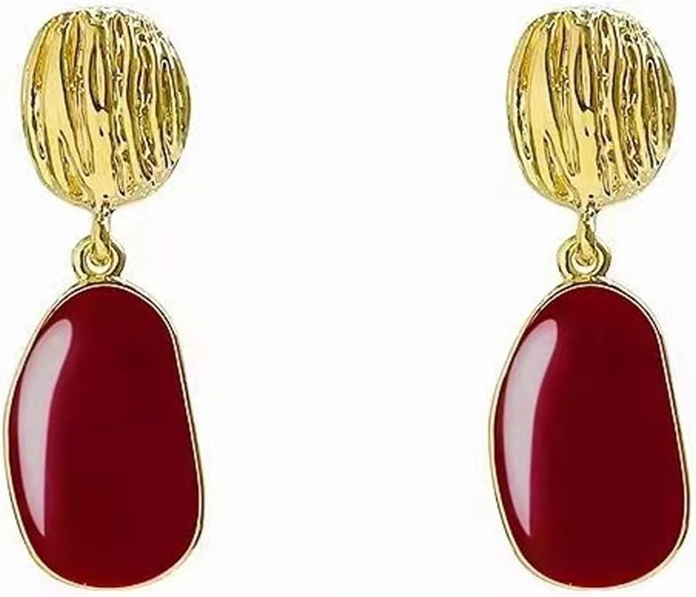 Burgundy Enamel Oval Dangle Earrings for Women Vintage Gold Hammered Geometric Drop Statement Earrings Retro Dripping Oil Earrings Red Fashion Jewelry - Image 7