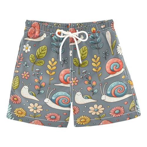 FLildon Floral Mushrooms and Snails Little Boys Swim Trunks with Mesh Lining Quick Dry Beach Board Shorts, 3T