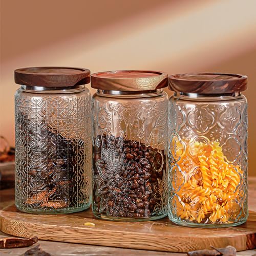 Image of Vintage Glass Jars with Wooden Lids, 2 Pack 34 oz Airtight Glass Food Storage Containers Sets for the Kitchen, Sugar Coffee Candy Spice Cookie Tea Pasta