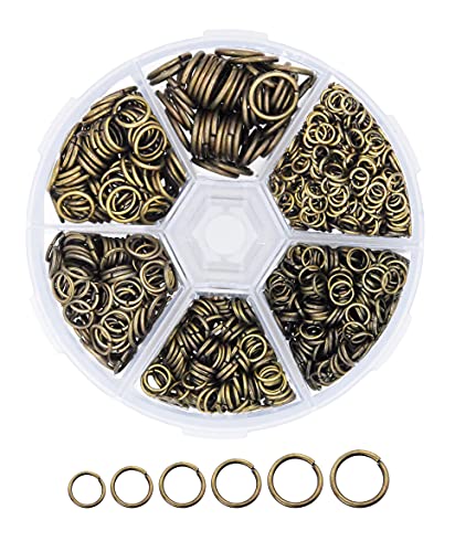 Mandala Crafts Assorted Antique Brass Jump Rings Jewelry Findings Metal O Rings for Jewelry Making Supplies - 1250 4mm to 10mm Small Open Jump Rings Kit for Necklace Earring