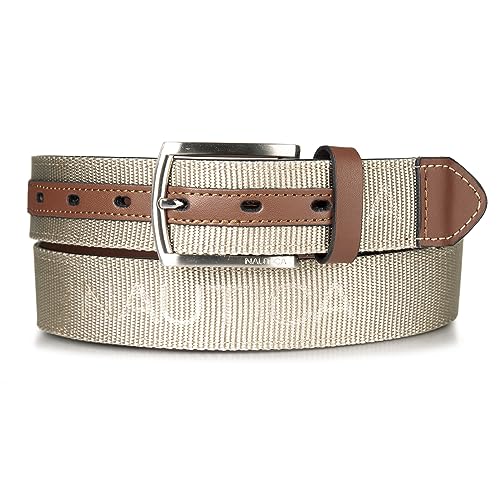 Nautica Men's Leather Tab Signature Webbing Logo Belt with Brushed Nickel Harness Buckle - Khaki - Medium