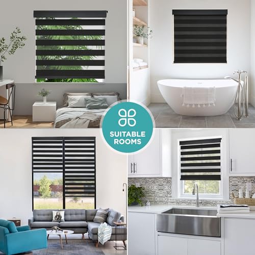 Joydeco No Drill Zebra Blinds for Windows, Cordless Dual-Layer Privacy Zebra Shades for Indoor Windows, Easy to Install, Light Filtering Sheer Blinds for Home (Black,Custom Size)