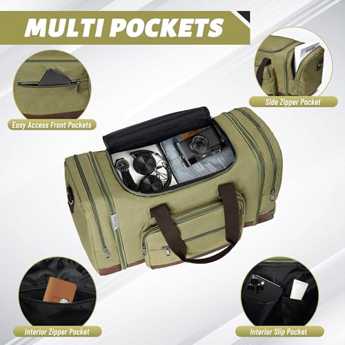 Image of Wolhbege Duffle Bag for Travel,Mens Travel Bag & Carry On Bag for Men with Expandable Design and Luggage Sleeve -Duffel Bag for Gym, Weekender, Overnight Trips, Green, 20.5 x 11.5 x 10 inches