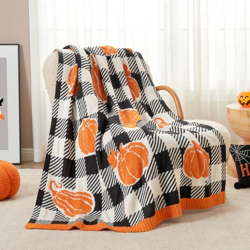 Image of Snuggle Sac Fall Blanket Orange Pumpkin Throw Blanket for Couch 50x60 inches, Ribbed Jacquard Ultra Soft Decorative Blanket, Black White Checkered Pumpkin Throw Blankets for Halloween Harvest Gifts