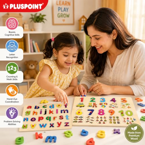 Image of PLUSPOINT Wooden Learning Educational ABCD Board for Kids | Alphabet & Number Puzzle Board | Activity Toy for Toddlers & Preschoolers | Wooden Learning Puzzle for 2+ Year Old Boys & Girls