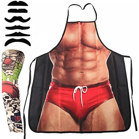 ABCTen Sexy Apron Kitchen Cooking Apron with Funny Mustache & Tattoo Sleeve Novelty Gift for Man Party Father Cover