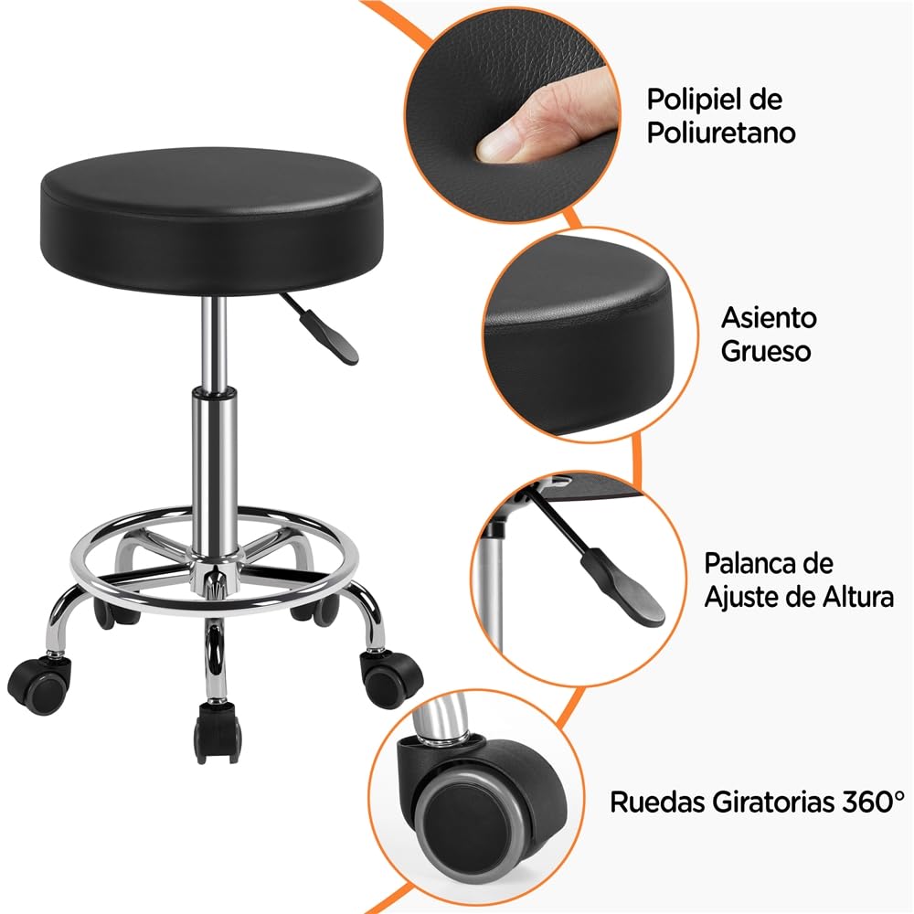 Yaheetech Taburete con Ruedas Taburete Giratorio 360° Silla de Salón para Salón de Belleza y Masaje Altura Regulable de 50,5 a 65 cm, Negro
