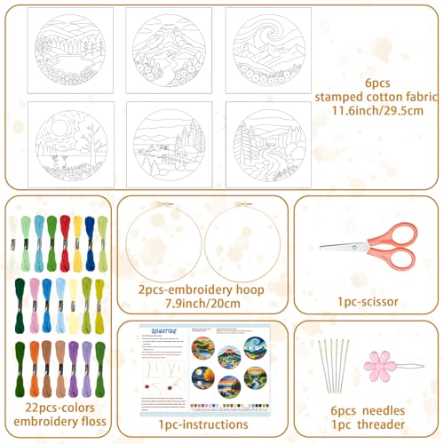 Image of BEUNITONE 6 Pack Hand Embroidery Starter Kit for Adults with Pre-Print Scenery Pattern, Needlepoint Kits with Embroidery Hoop and Instructions, DIY Funny Craft Kits for Gifts and Home Decor