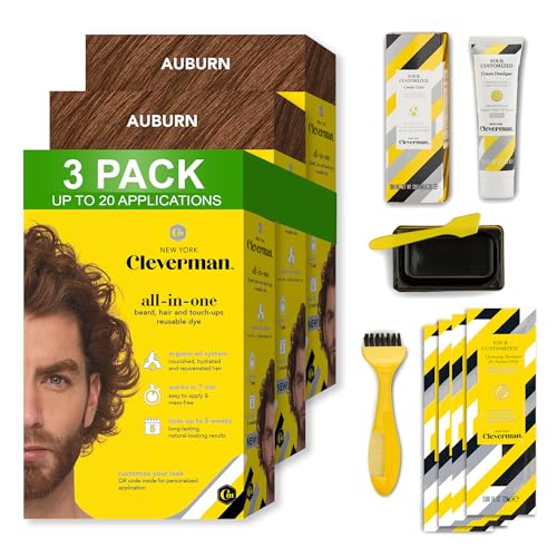 3×2 Pack Cleverman Auburn Hair & Beard Dye for Men, All-in-One Reusable Kit – Mens Color For Natural-Looking Gray Coverage, Professional-Quality and Ammonia-Free for Hair, Beard & Gray Mustache