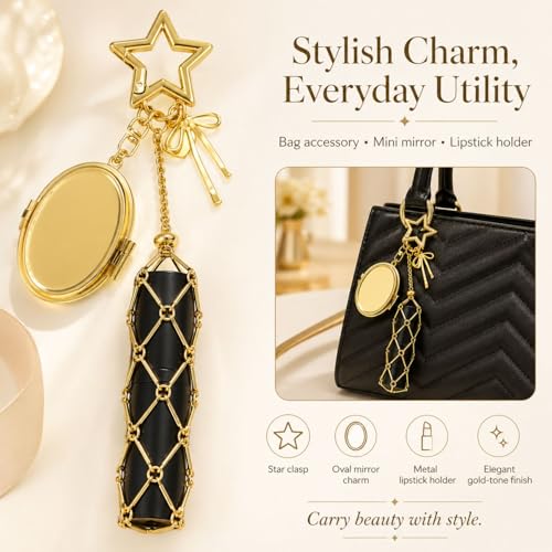 Image of BendJoy Lipstick Holder Keychain with Mirror | 2-in-1 Portable Lipstick & Mirror, Compact Design, Stylish Bag Charm Accessory Cute & Functional | Touch-Up Mirror | Lip Balm Holder | Durable Metal