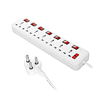 SKEISY EXT-107-WHITE Multiple USE 7 Socket 7 Switch Board Power UP 6AMP, 3 Meter Wire 7 Socket Extension Boards (White, Red, 3 m)